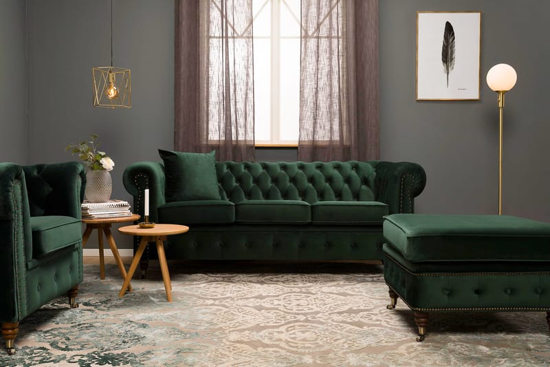 Chesterfield Deluxe Veloursofa 3-pers - Mørkegrøn - Møbler - Sofaer - Chesterfield sofaer