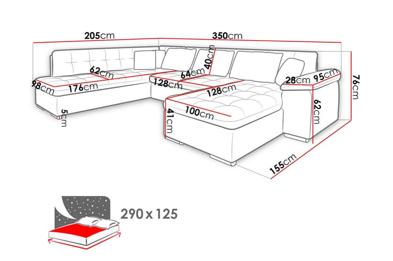 Dynir Stor Hjørnesovesofa Divan med Opbevaring Højre 350 cm - Sort/Grå - Møbler - Sofaer - Lædersofaer