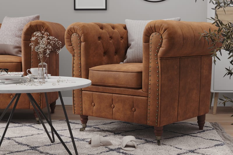 Chesterfield Deluxe Sofagruppe 3+2 Læderlook - Cognac / Brun - Møbler - Sofaer - Sofagrupper - Chesterfield sofagruppe