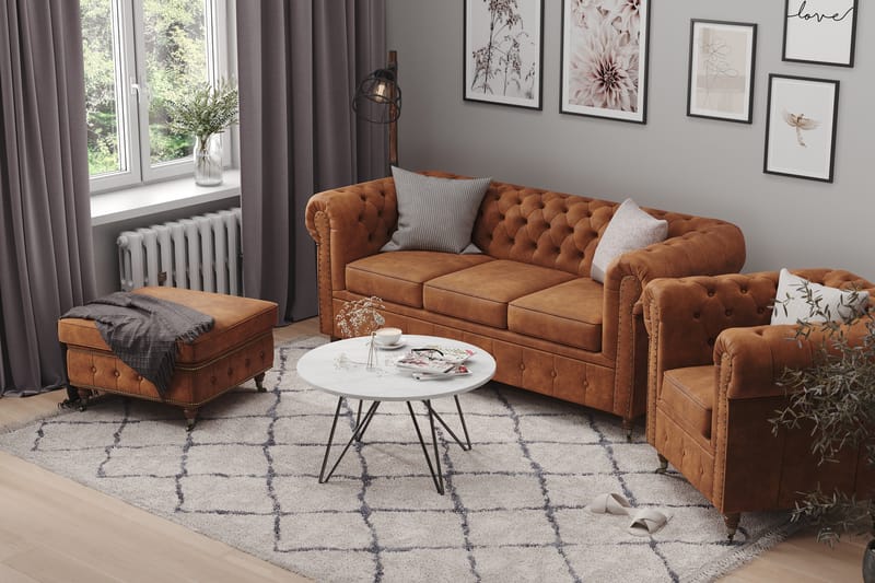 Chesterfield Deluxe Sofagruppe 3+2 Læderlook - Cognac / Brun - Møbler - Sofaer - Sofagrupper - Chesterfield sofagruppe