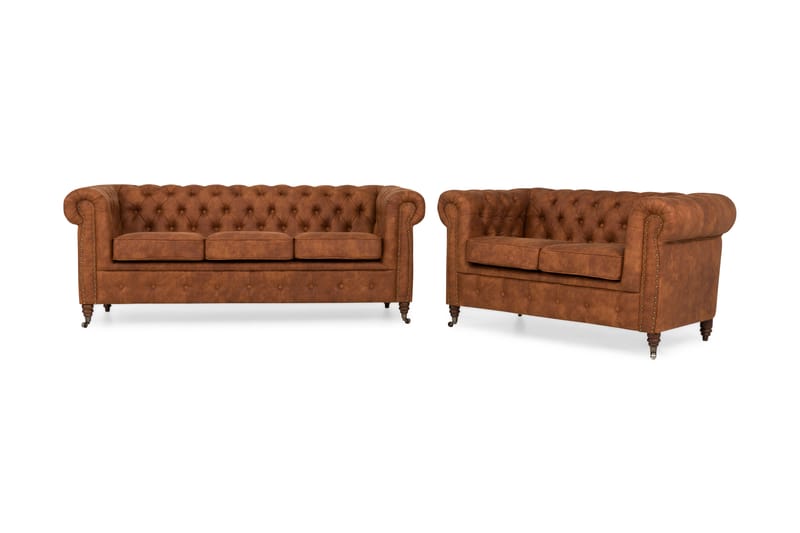 Chesterfield Deluxe Sofagruppe 3+2 Læderlook - Cognac / Brun - Møbler - Sofaer - Sofagrupper - Chesterfield sofagruppe