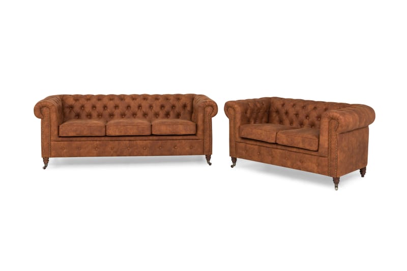 Chesterfield Deluxe Sofagruppe 3+2 Læderlook - Cognac / Brun - Møbler - Sofaer - Sofagrupper - Chesterfield sofagruppe