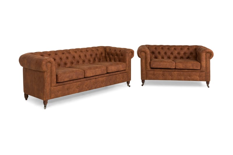 Chesterfield Deluxe Sofagruppe 3+2 Læderlook - Cognac / Brun - Møbler - Sofaer - Sofagrupper - Chesterfield sofagruppe