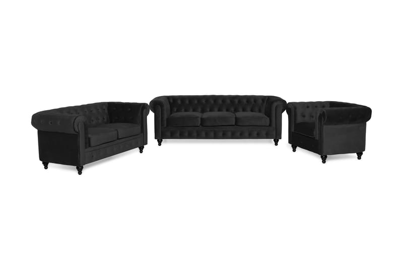 Chesterfield Luksus Moderne Sofasæt 3+2+1 i Fløjl - Sort - Møbler - Sofaer - Sofagrupper - Sofasæt 3+2+1