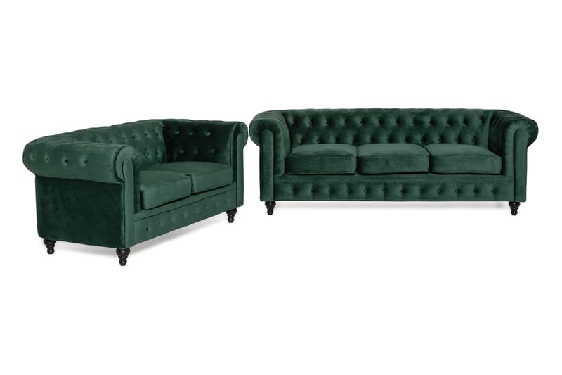 Chesterfield Luksus Sofagruppe 3+2 i Fløjl - Mørkegrøn / Grøn - Møbler - Sofaer - Sofagrupper - Chesterfield sofagruppe