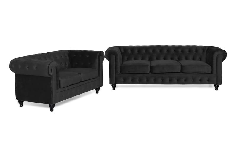 Chesterfield Luksus Sofagruppe 3+2 i Fløjl - Sort - Møbler - Sofaer - Sofagrupper - Chesterfield sofagruppe