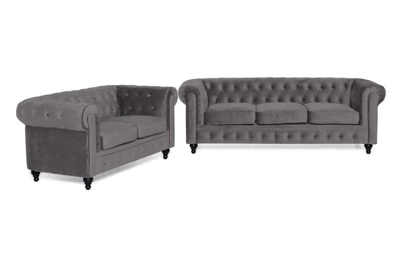 Chesterfield Luksus Sofasæt 3+2 i Fløjl - Mørkegrå / Grå - Møbler - Sofaer - Sofagrupper - Chesterfield sofagruppe