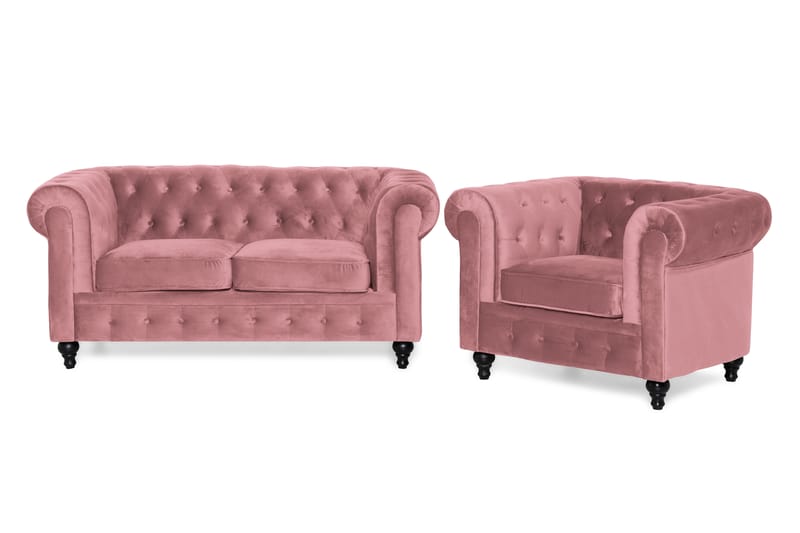 Chesterfield Lyx Sofagruppe 2-pers+Lænestol Velour - Rustlyserød - Møbler - Sofaer - Sofagrupper - Chesterfield sofagruppe