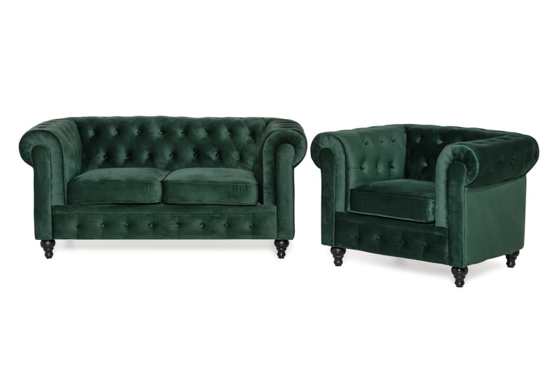 Chesterfield Lyx Sofagruppe 2-pers+Lænestol Velour - Mørkegrøn - Møbler - Sofaer - Sofagrupper - Chesterfield sofagruppe