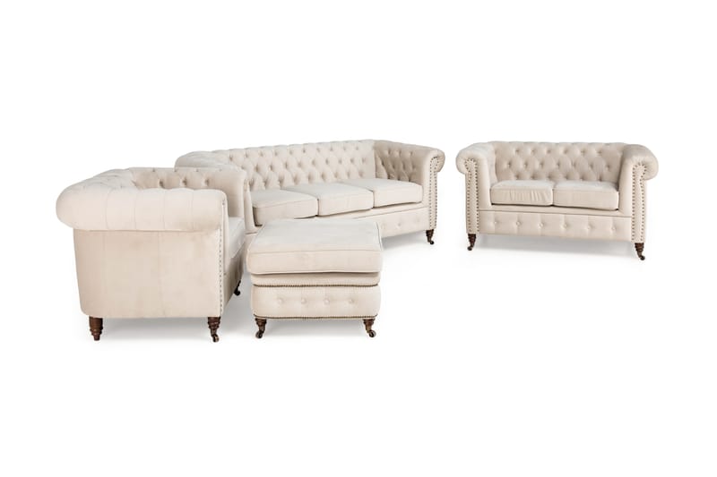 Chesterfield Deluxe Sofagruppe 3+2+1 med Fodskammel Fløjl - Beige - Møbler - Sofaer - Sofagrupper - Howard sofagruppe