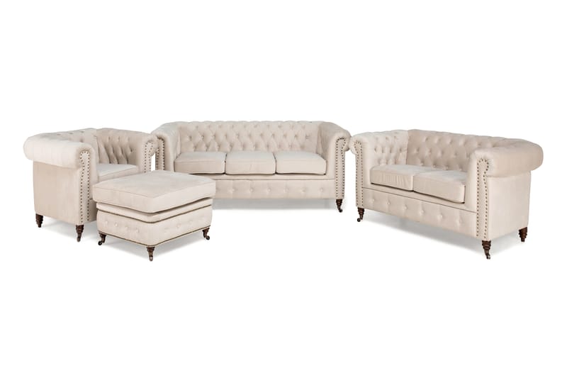 Chesterfield Deluxe Sofagruppe 3+2+1 med Fodskammel Fløjl - Beige - Møbler - Sofaer - Sofagrupper - Howard sofagruppe