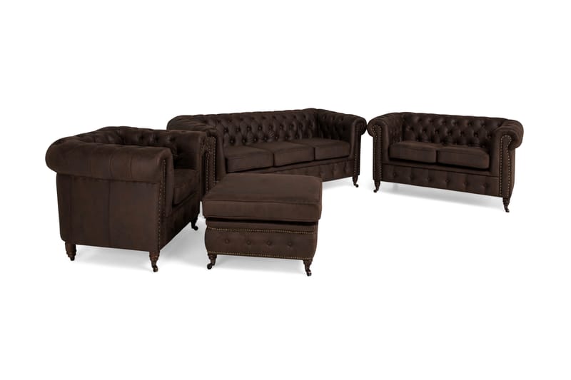 Chesterfield Deluxe Sofagruppe 3+2+1 med Fodskammel Læderlook - Mørkebrun - Møbler - Sofaer - Sofagrupper - Howard sofagruppe