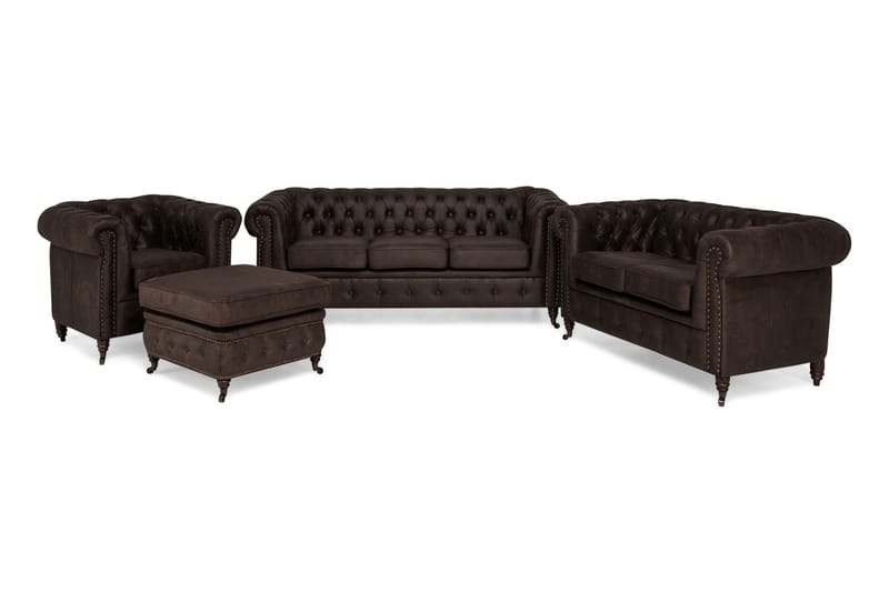 Chesterfield Deluxe Sofagruppe 3+2+1 med Fodskammel Læderlook - Mørkebrun - Møbler - Sofaer - Sofagrupper - Howard sofagruppe