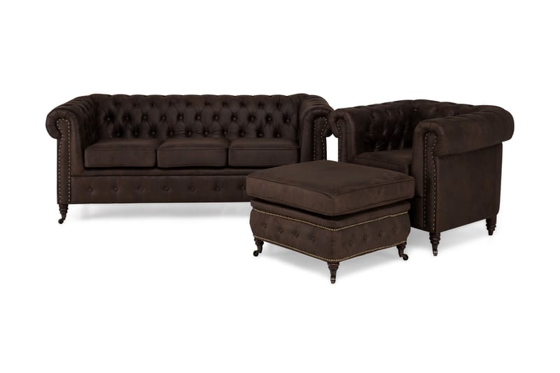 Chesterfield Deluxe Sofagruppe 3-pers+Lænestol+Puf - Mørkebrun - Sofasæt 3+2+1 - Howard sofagruppe