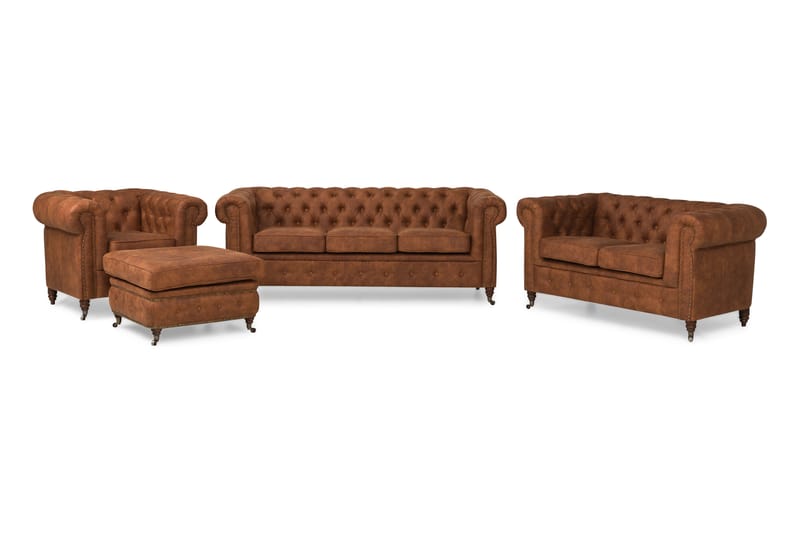 Chesterfield Deluxe Sofagruppe 3-pers+2-pers+Lænestol+Puf - Cognac - Sofasæt 3+2+1 - Howard sofagruppe
