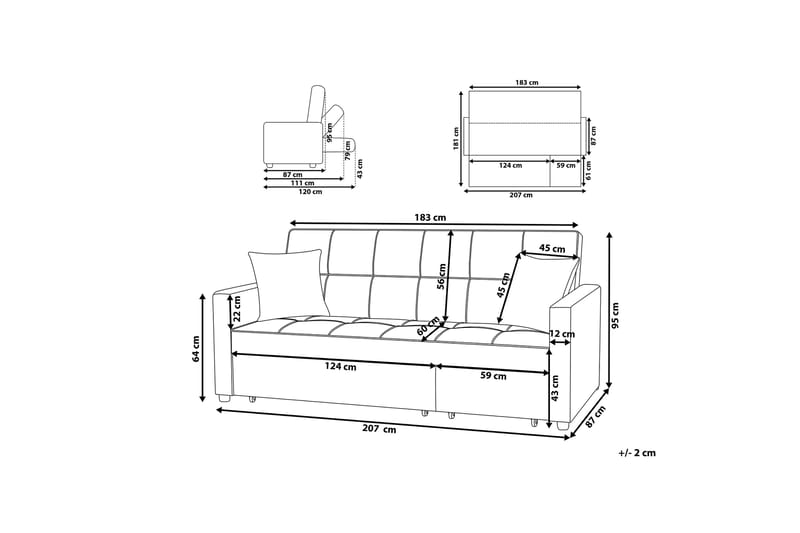 Glomma sovesofa 207 cm - Grå - Møbler - Sofaer - Sovesofaer - 3 personers sovesofa