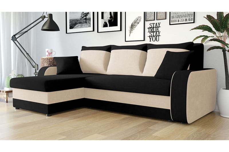 Alvared Dyb 3-personers L Sofa -Hjørnesovesofa Universal 230 cm - Beige/Sort/Hvid - Møbler - Sofaer - Sovesofaer