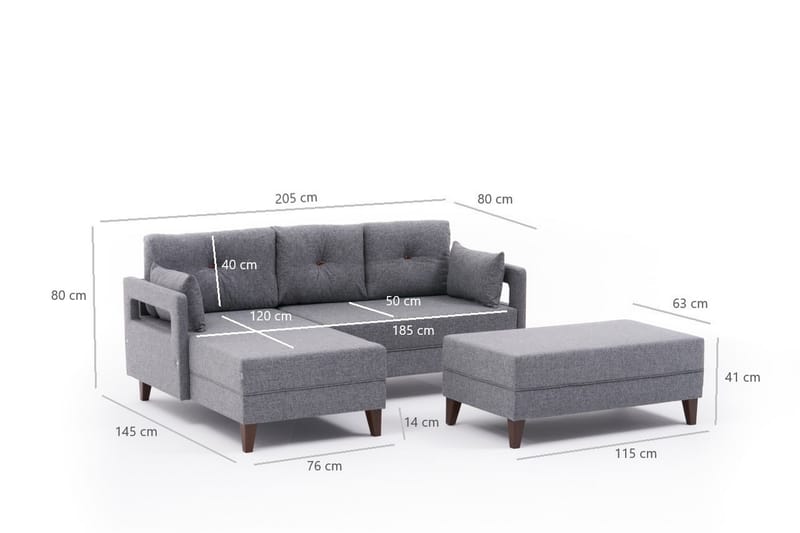 Angola Sovesofa m. Chaiselong 4-Pers. 140x193 - Grå - Møbler - Sofaer - Sovesofaer