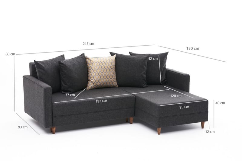 Aydama Sovesofa m. Chaiselong 4-Pers. 192x135 - Antracit - Møbler - Sofaer - Sovesofaer