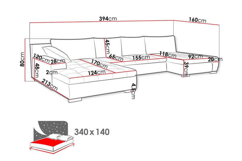 Caro U-sovesofa 394x213x80 cm - Møbler - Sofaer - Sovesofaer