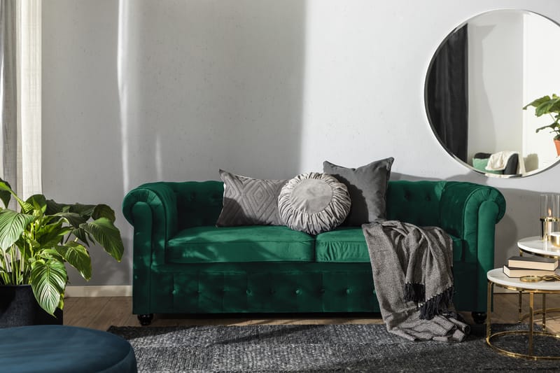 Chesterfield Luksus Fremadvendt 3-personers Sovesofa i Fløjl 215 cm bred - Mørkegrøn - Møbler - Sofaer - Sovesofaer