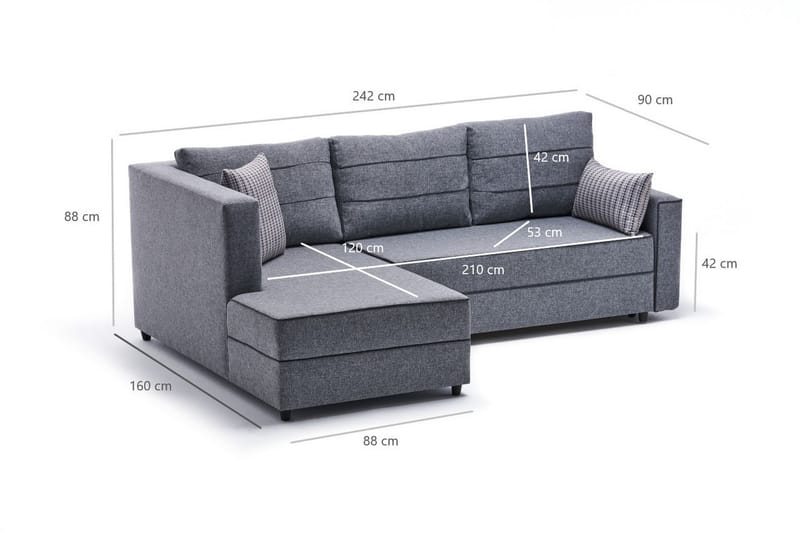 Highbank Sovesofa m. Chaiselong 4-Pers. 200x150 - Grå - Møbler - Sofaer - Sovesofaer