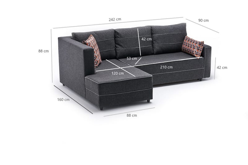 Highbank Sovesofa m. Chaiselong 4-Pers. 200x150 - Antracit - Møbler - Sofaer - Sovesofaer