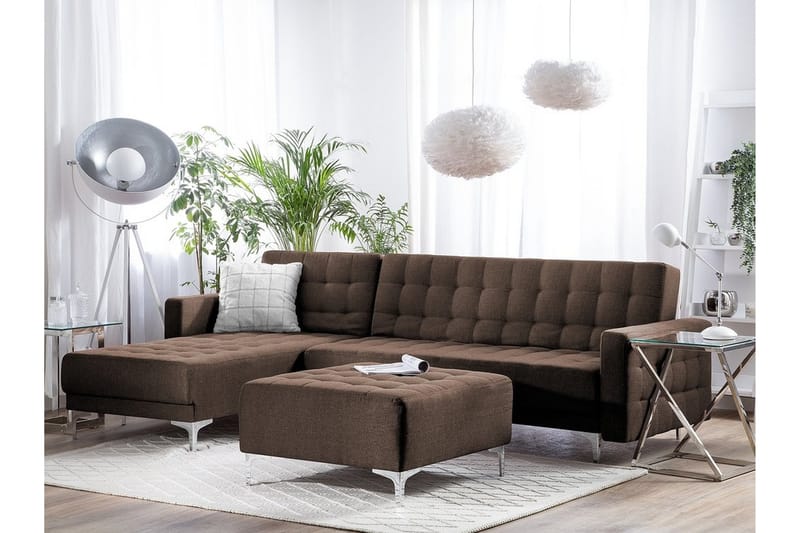 Hjørnesofa H med sovefunktion + Fodskammel ABERDEEN - Brun - Møbler - Sofaer - Sovesofaer