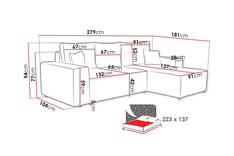 Knocklong 3-personers Hjørnesovesofa - Lyserød - Møbler - Sofaer - Sovesofaer