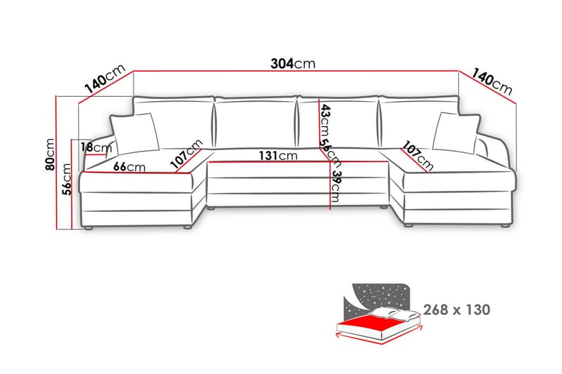 Alvared 4-person Sovesofa med dobbelt Chaiselong og Opbevari - Sort/Rød - Møbler - Sofaer - Sovesofaer - Sovesofa chaiselong