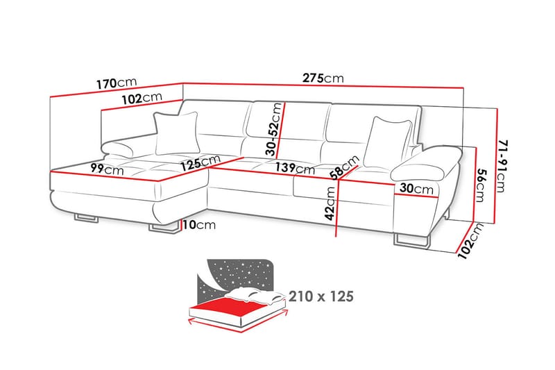 COTERE Sovesofa Chaiselong Venstre + LED - Grå/Hvid - Møbler - Sofaer - Sovesofaer - Sovesofa chaiselong