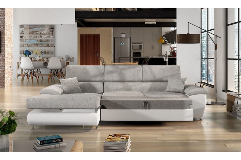 COTERE Sovesofa Chaiselong Venstre + LED - Grå/Hvid - Møbler - Sofaer - Sovesofaer - Sovesofa chaiselong