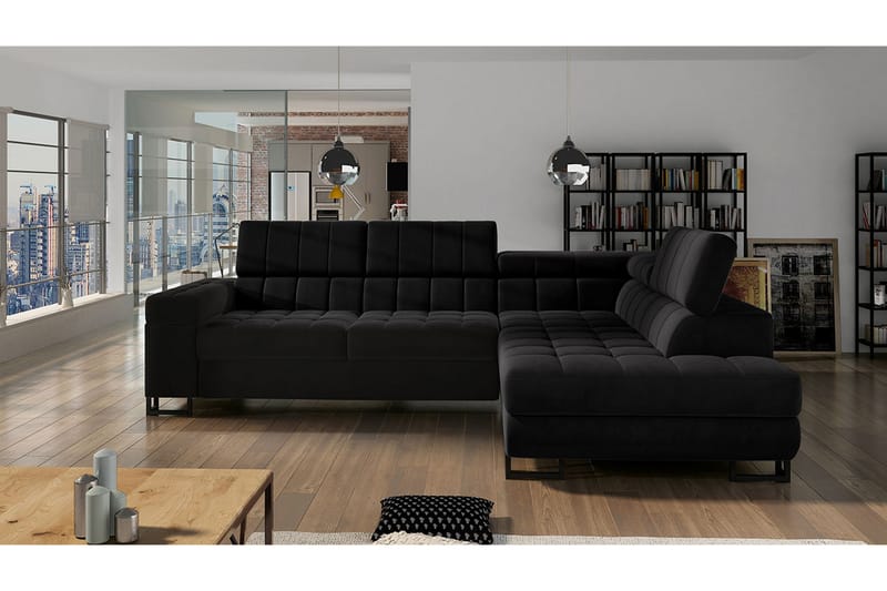 Warwick 3-personers Hjørnesovesofa - velour / sort - Møbler - Sofaer - Sovesofaer