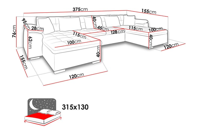 Wicenza Dyb U-Sovesofa 375x155x76 cm Universal - Møbler - Sofaer - Sovesofaer