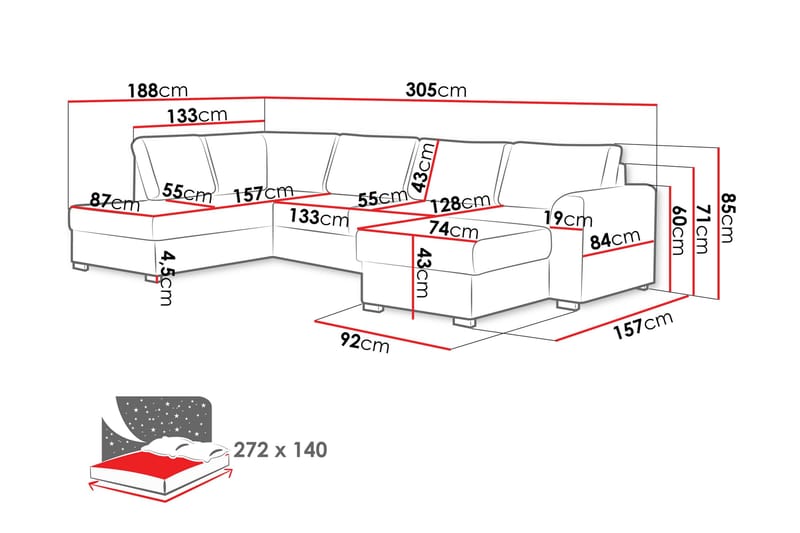 Taberk Sofa med Chaiselong og Divan 4-personers - Grå - Møbler - Sofaer - U Sofa