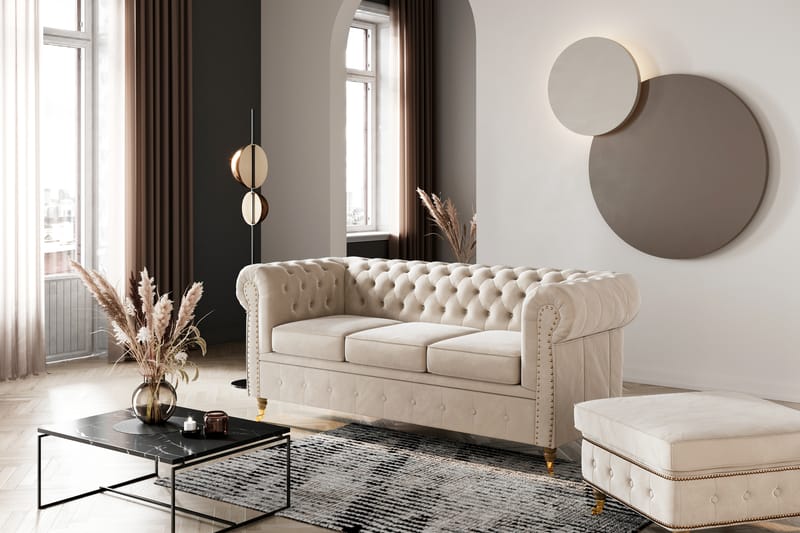 Chesterfield Deluxe Fløjlsofa 3-personers - Beige - Møbler - Sofaer - Velour sofaer