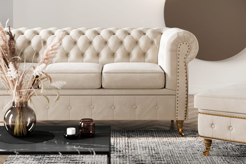 Chesterfield Deluxe Fløjlsofa 3-personers - Beige - Møbler - Sofaer - Velour sofaer