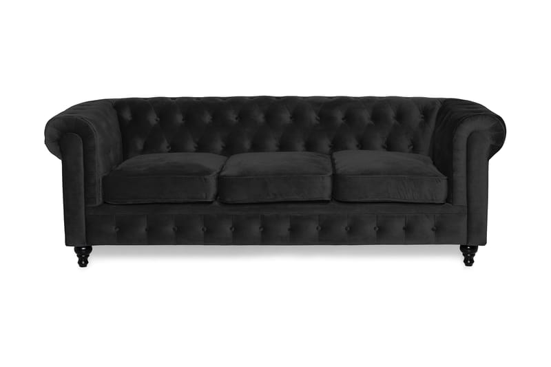 Chesterfield Luksus 3-personers Sort Fløjlsofa 222 cm bred - Sort - Møbler - Sofaer - Velour sofaer