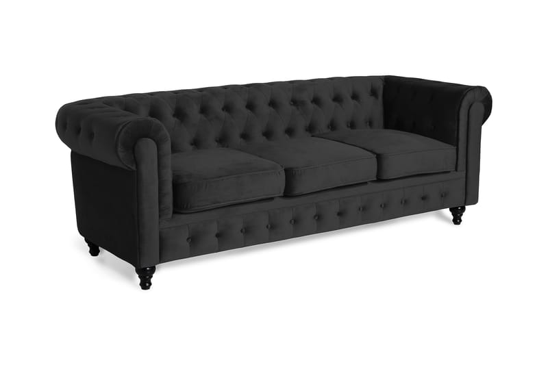 Chesterfield Luksus 3-personers Sort Fløjlsofa 222 cm bred - Sort - Møbler - Sofaer - Velour sofaer