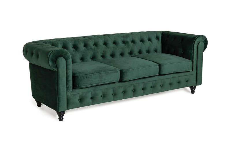 Chesterfield Luksus 3-personers Fløjlsofa 222 cm bred - Mørkegrøn - Møbler - Sofaer - Velour sofaer