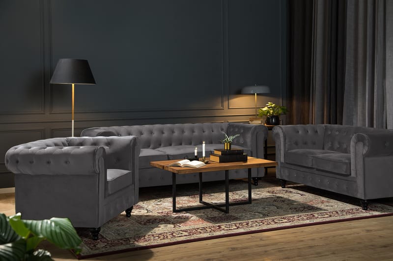 Chesterfield Luksus 3-personers Fløjlsofa 222 cm bred - Mørkegrå - Møbler - Sofaer - Velour sofaer