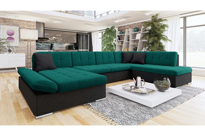 Zumar Sofa med Chaiselong og Divan 4-personers - Sort/Grøn - Møbler - Sofaer - U Sofa