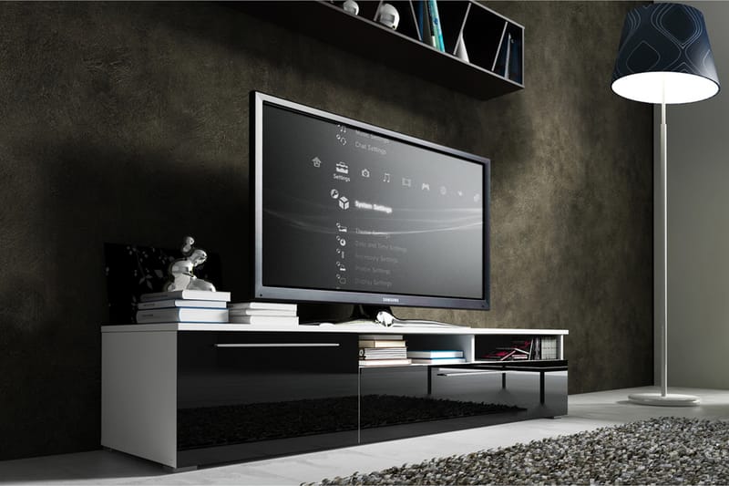 Stockend TV-bænk 150 cm 2 Låger + 2 Hylder - Hvid/Sort - TV-borde