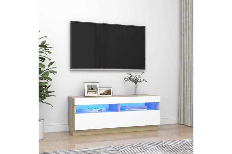 tv-skab med LED-lys 100x35x40 cm hvid og sonoma-eg - Beige - Møbler - TV borde & mediemøbler - TV-borde