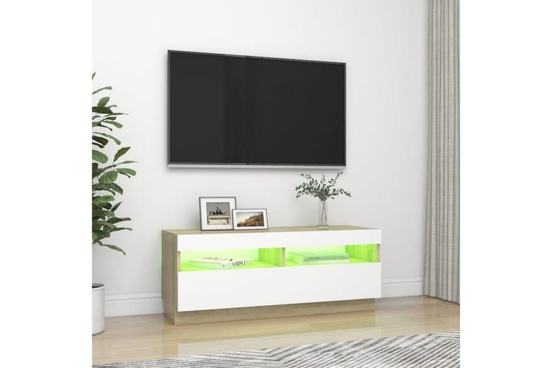 tv-skab med LED-lys 100x35x40 cm hvid og sonoma-eg - Beige - Møbler - TV borde & mediemøbler - TV-borde