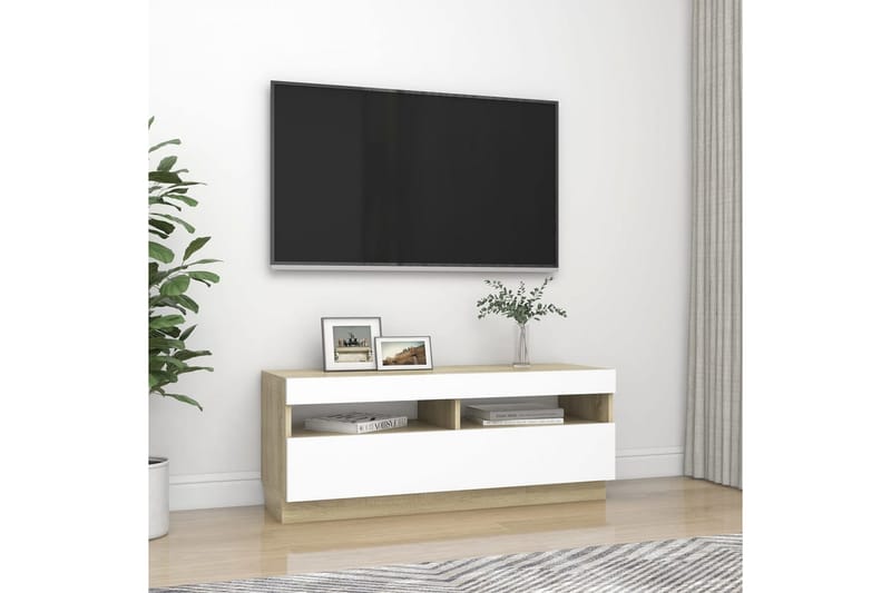 tv-skab med LED-lys 100x35x40 cm hvid og sonoma-eg - Beige - Møbler - TV borde & mediemøbler - TV-borde