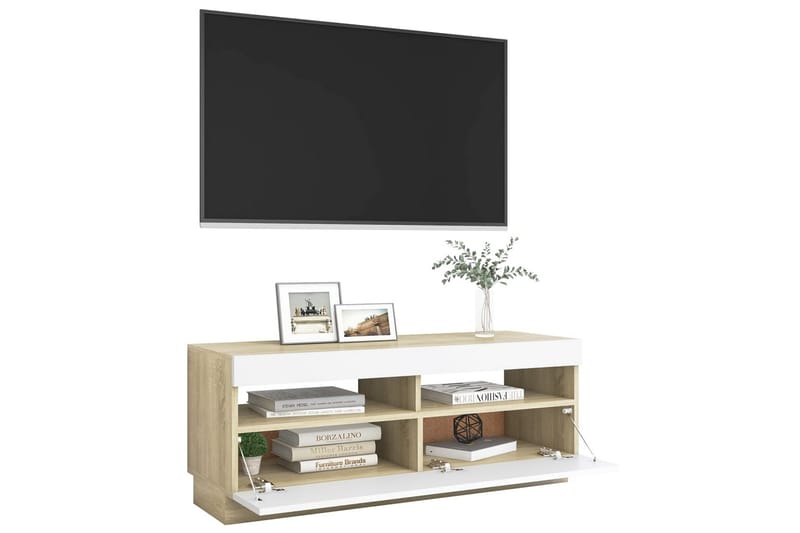 tv-skab med LED-lys 100x35x40 cm hvid og sonoma-eg - Beige - Møbler - TV borde & mediemøbler - TV-borde