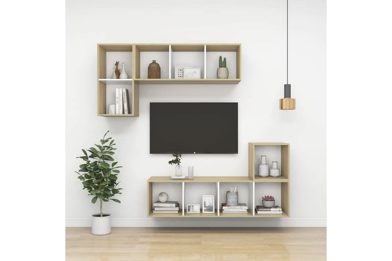 væghængt tv-skab 37x37x107cm spånplade sonoma-eg og hvid - Beige - Møbler - TV borde & mediemøbler - TV-borde