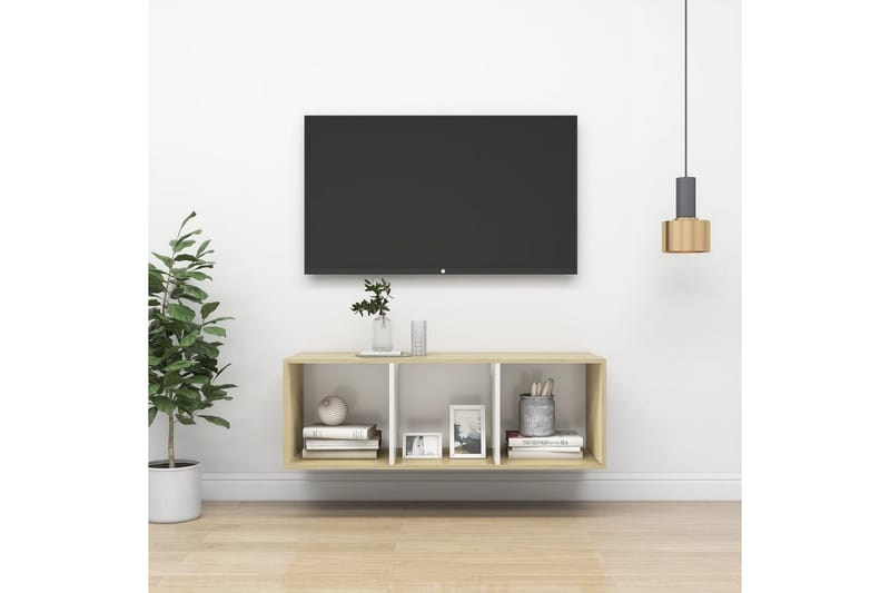 væghængt tv-skab 37x37x107cm spånplade sonoma-eg og hvid - Beige - Møbler - TV borde & mediemøbler - TV-borde