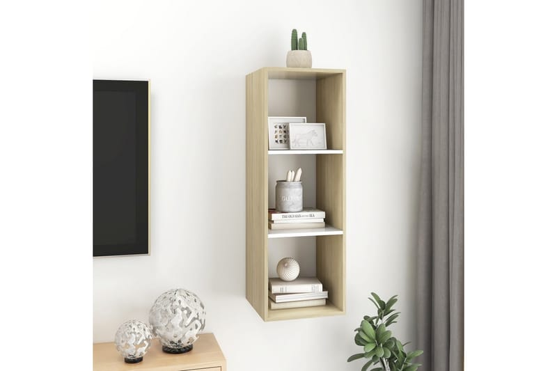 væghængt tv-skab 37x37x107cm spånplade sonoma-eg og hvid - Beige - Møbler - TV borde & mediemøbler - TV-borde